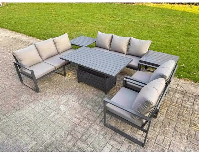 Fimous 8-Seater Aluminum Patio Set with Lifting Table, 2 Chairs and 2 Side Tables in Matt Dark Grey