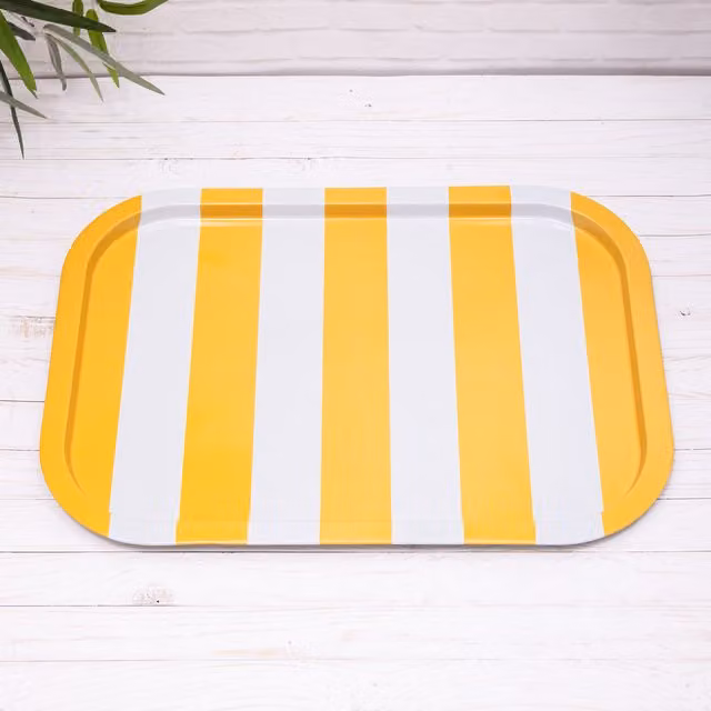 Annibells Rectangular Striped Metal Serving Tray in Yellow, Green and Pink