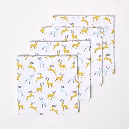 Homescapes Majestic Stag Christmas Napkin Set, Grey and Yellow, Set of 4, W/D/H: 45 x 45 x 45 cm