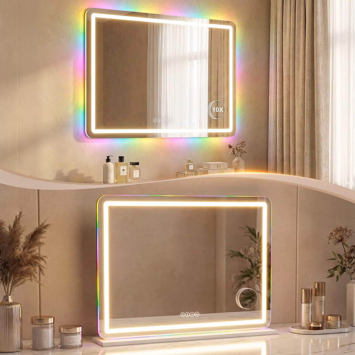 HOMCOM White LED Vanity Mirror with Dimmable RGB Lights and Bluetooth Speaker – 8