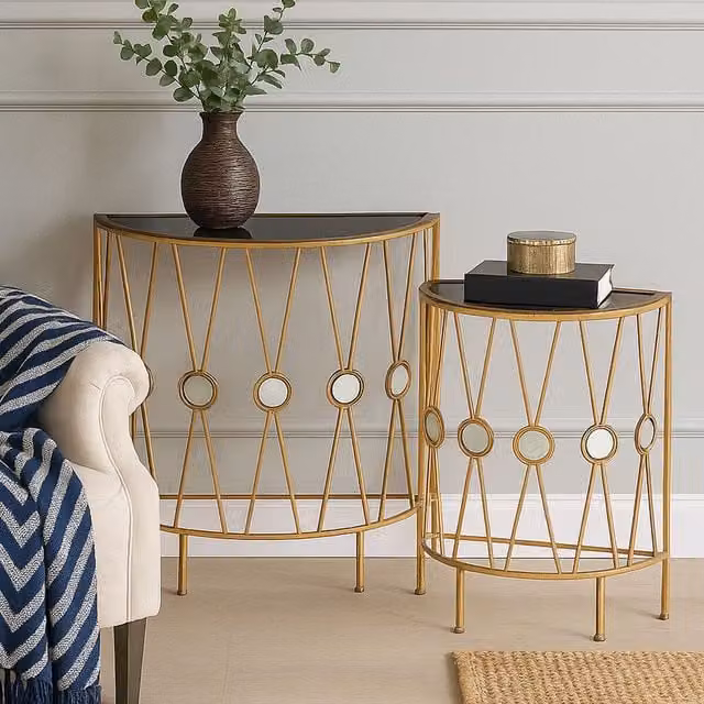 Orsina Set of 2 Modern Geometric Cross Design Console Tables in Gold and Black with Glass Tops