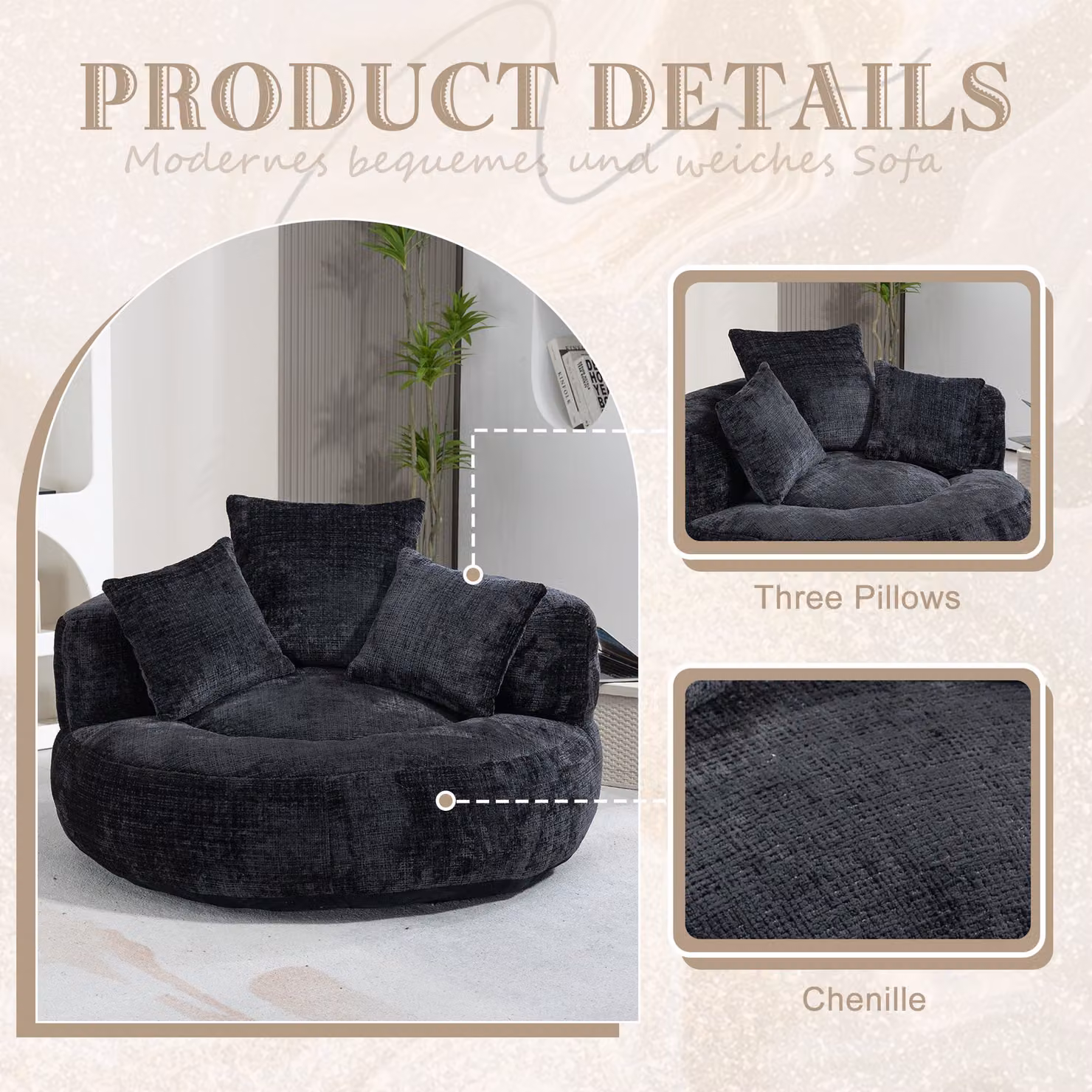 Aosom UK Luxurious Black Chenille Bean Bag Chair with 3 Pillows and Memory Foam Filling, W/D/H: 108 x 108 x 52 cm – 3