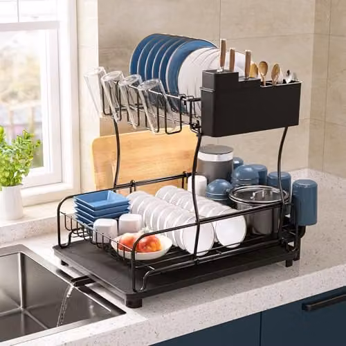 Toque 2-Tier Expandable Dish Drainer Rack in Black with Cutlery Holder and Drip Tray – 1