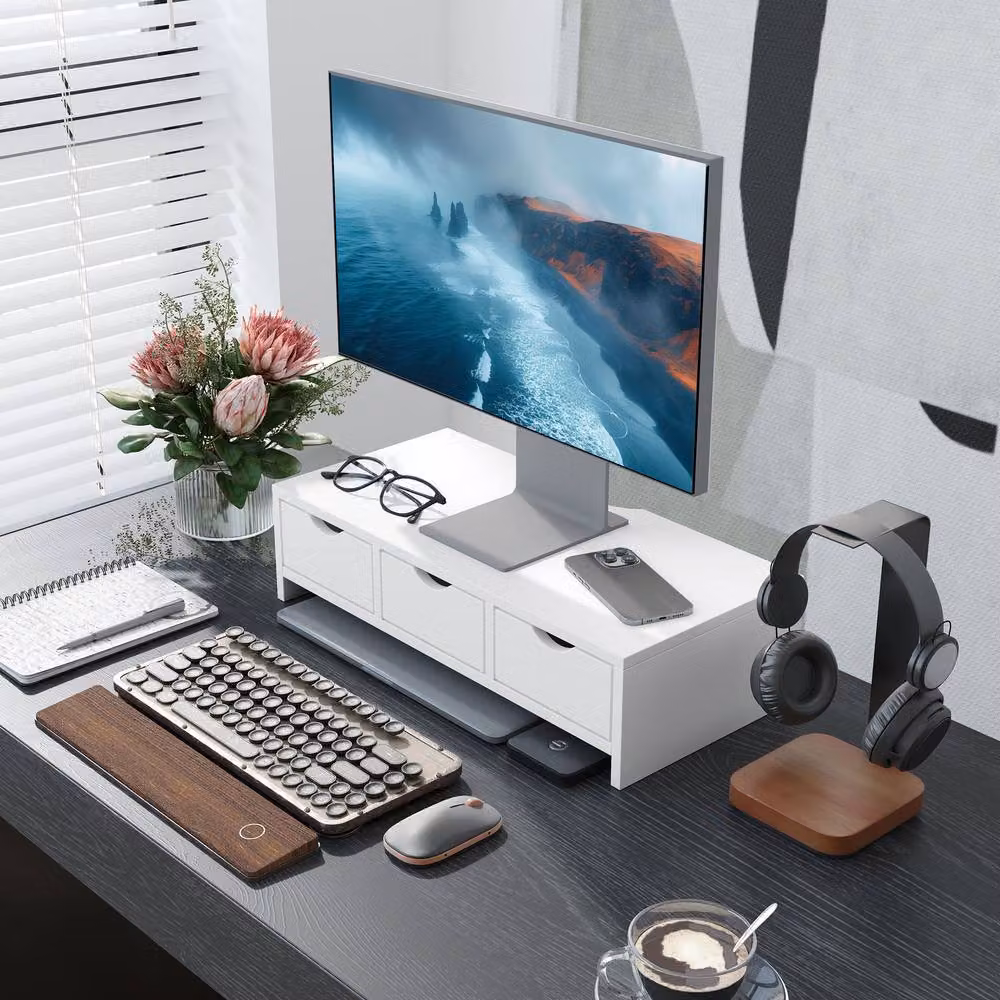 STILVORA Monitor Stand Riser with 3 Drawers, White – 3