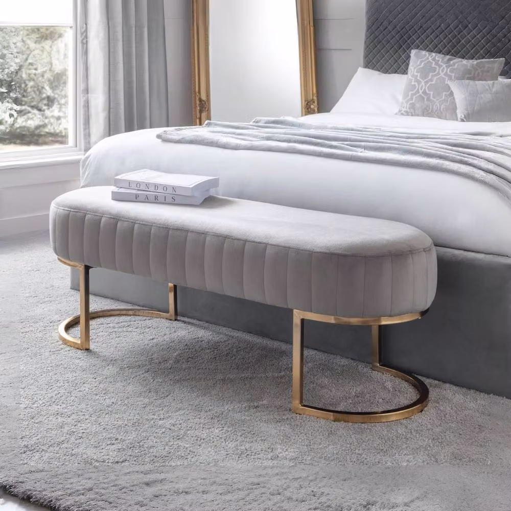 Cheshire Premium Hatherton Straight Bench in Grey Velvet with Gold Accents – 2