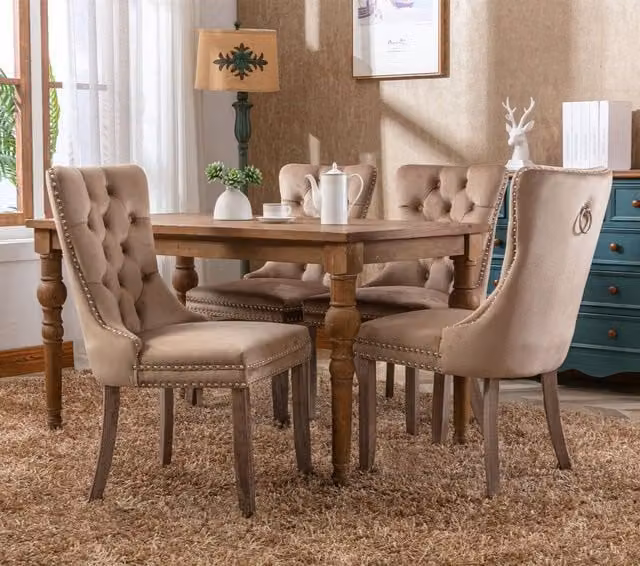HomeTouch Winchester Luxury Velvet Upholstered Kitchen Dining Chairs with Pull Knocker Back and Oak Wood Legs, Brown, 2 Pack