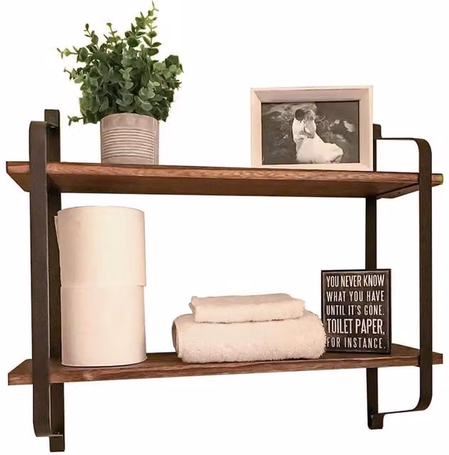 NESTLUNE 2 Tier Rustic Floating Pine Wood Wall Shelves in Brown and Black, W: 100 cm, D: 15 cm, H: 10 cm
