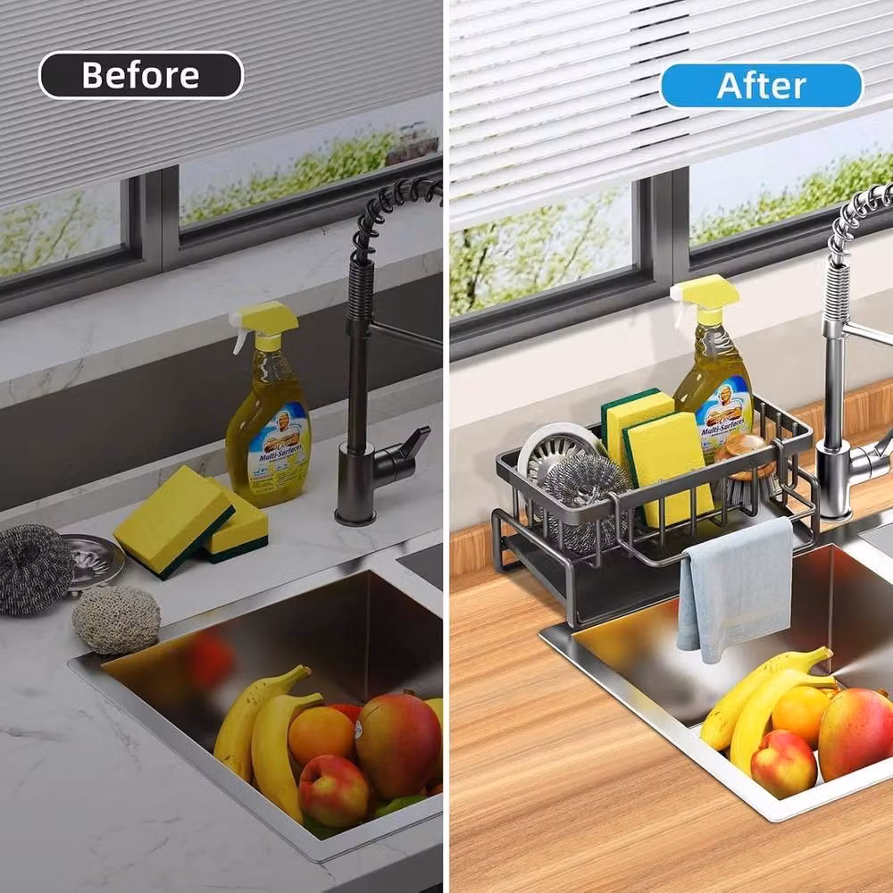 VOGREX Black Stainless Steel Kitchen Sink Caddy Basket and Sponge Drain Rack – 4