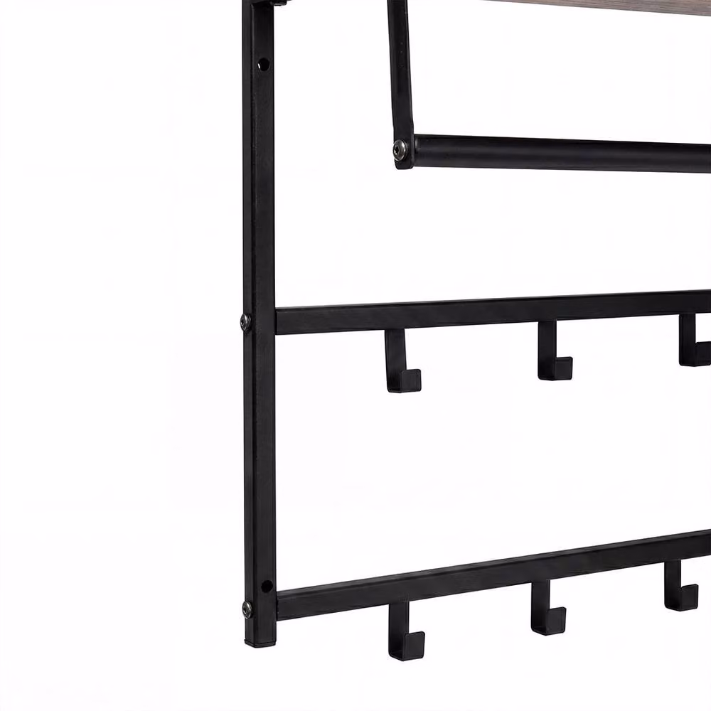 Levede Wall Mounted Wooden Shelf and Metal Coat Rack with Hooks, Brown and Black, W: 80 cm – 4