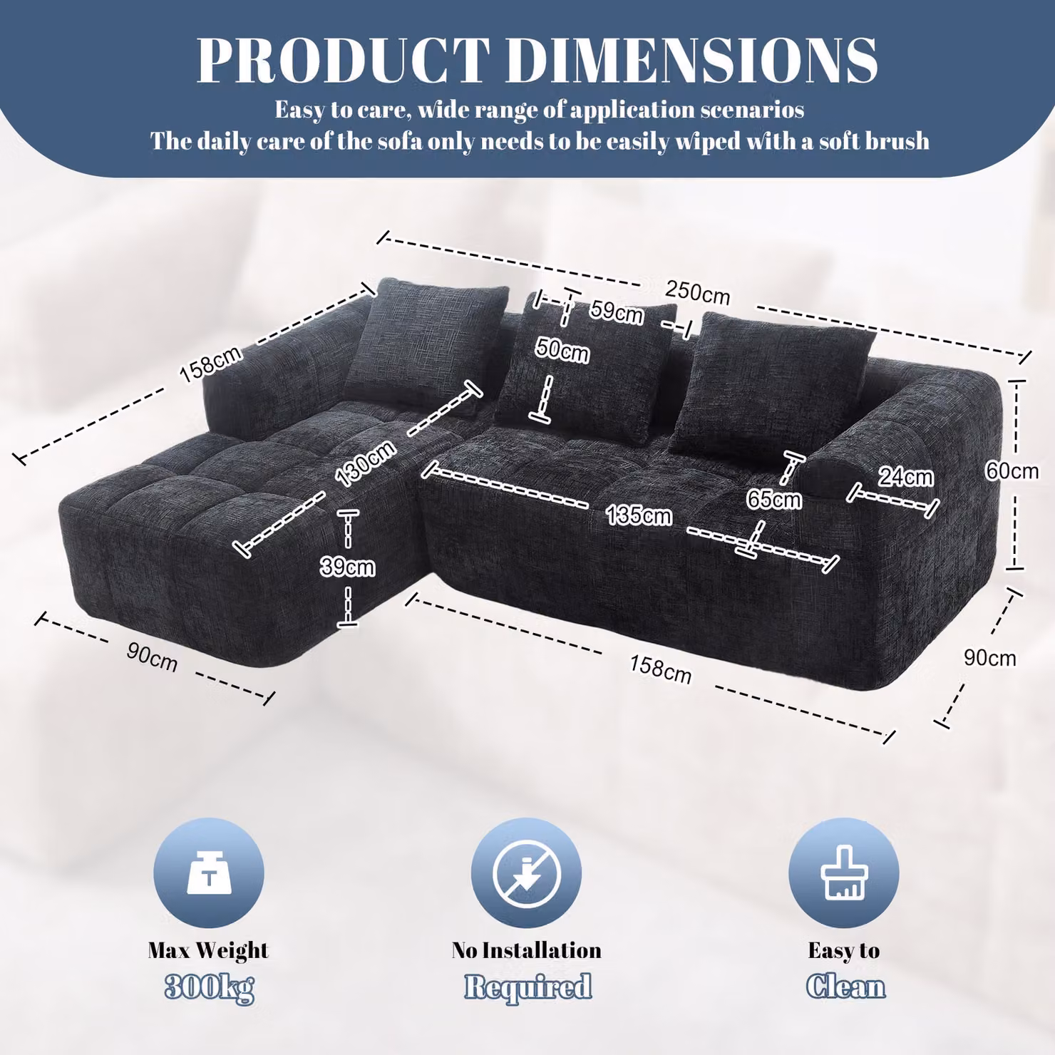 Aosom UK Oversized Modular L-Shaped Sleeper Sofa in Black, Reversible Fabric Sectional with Deep-Seated Design and Hidden Side Pockets, W/D/H: 250 x 158 x 60 cm – 3