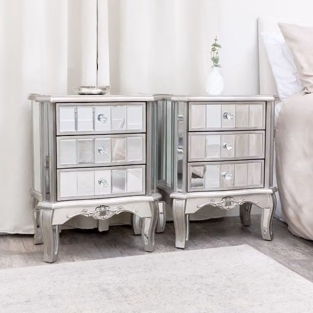 Melody Maison Tiffany Range Pair of Mirrored Bedside Tables in Metallic Silver