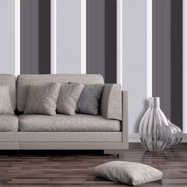 Crown Modern Abstract Striped Wallpaper in Grey, Black and Silver