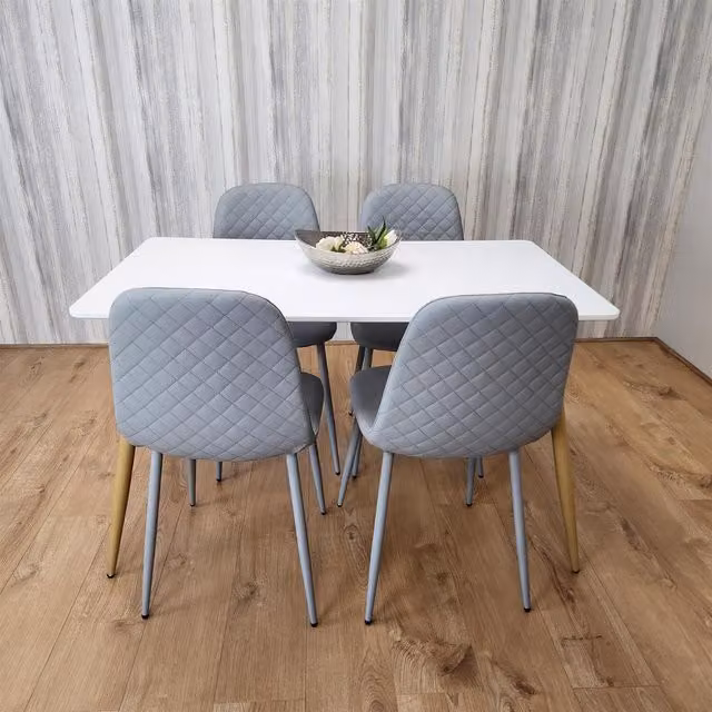 Kosy Koala Modern Rectangular Dining Set with White Table and 4 Grey Geometric Patterned Chairs