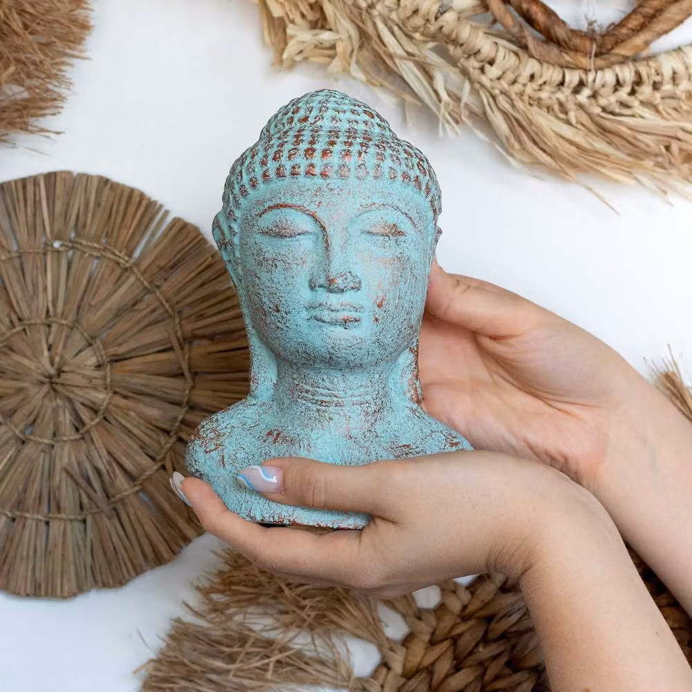Ancient Wisdom Antique Tranquility Buddha Head Statue, Green, Concrete, W/D/H: 18 x 12 x 11 cm – 3