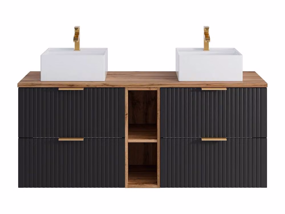 Vente-unique Striped Floating Bathroom Vanity Unit with Niches and Double Square in Black Matt, W/D/H: 140 x 46 x 57 cm – 2