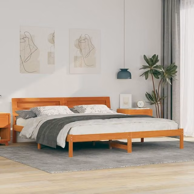 Berkfield Home Solid Wood Bed with LED Strip Lights and Headboard in Brown, W/D/H: 200 x 200 x 73 cm – 1