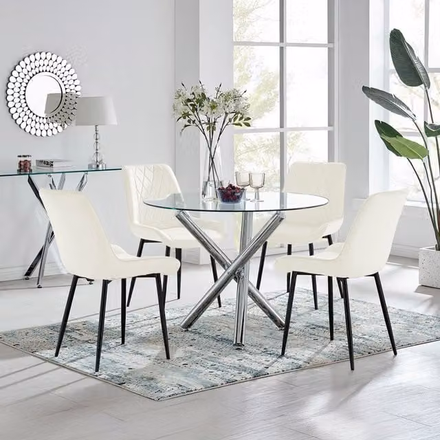 FurnitureboxUK Selina Round Glass Dining Table with Four Pesaro Black Leg Chairs in Beige – 1