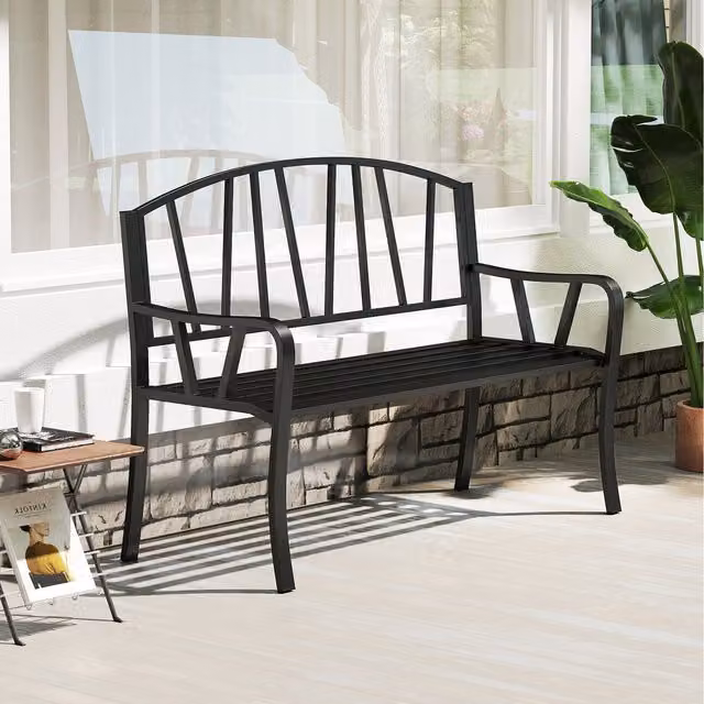 COSTWAY Modern Slatted Metal Garden Bench in Matt Black