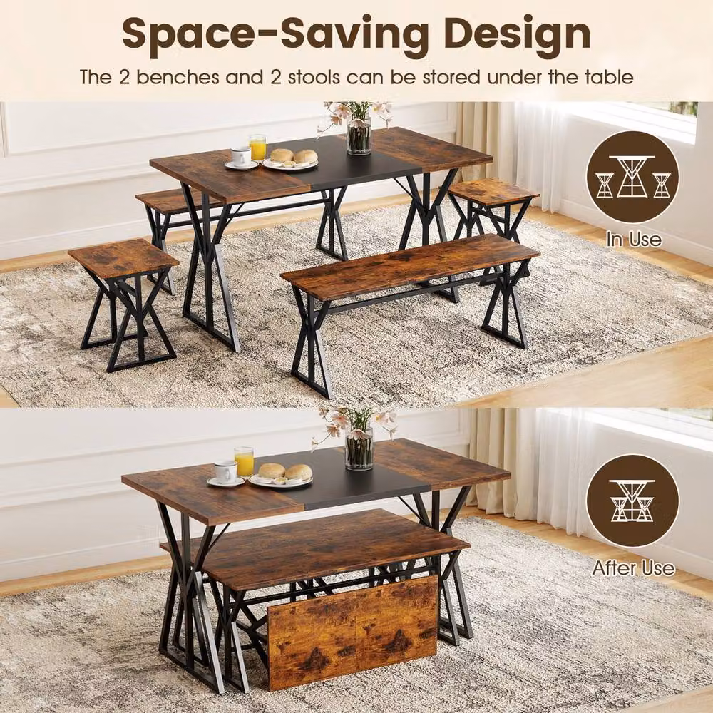 Costway 5-Piece Industrial Dining Room Set with Rectangular Table, 2 Benches and 2 Stools in Brown – 4