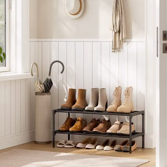 SONGMICS 2-Tier Slim Metal Shoe Rack Organiser in Black