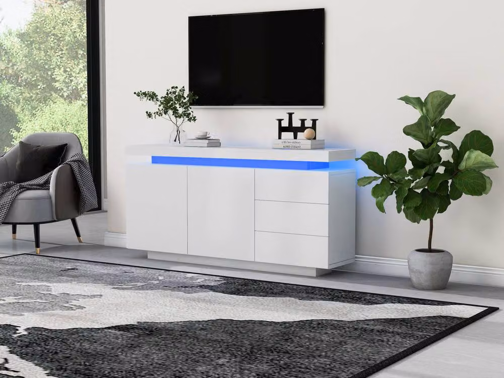 Matteo White High Gloss Modern Sideboard with Integrated LED Lights, 2 Doors and 3 Drawers – 4