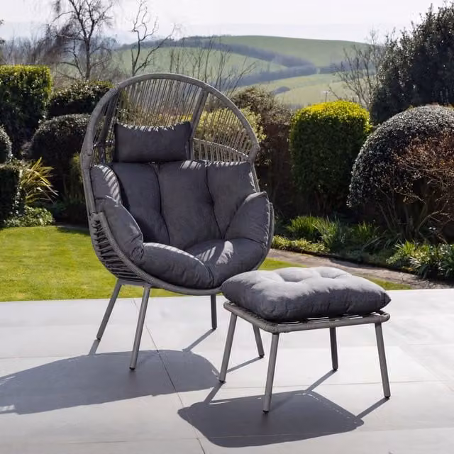 Nestara Modern Rattan Standing Egg Chair and Stool in Dark Grey