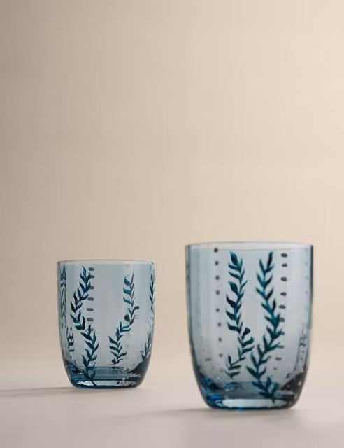 M&S Set of 2 Blue Hand Painted Floral Glass Tumblers