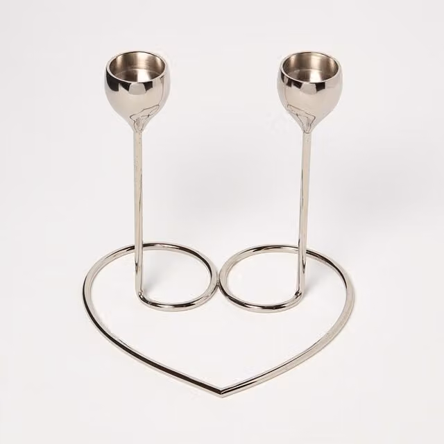 Homescapes Dual Brass Heart Taper Candle Holder in Polished Silver