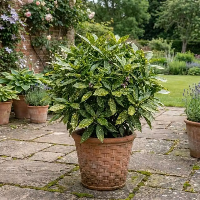 Plants by Post Aucuba Variegata Spotted Laurel Ornamental Shrub, Yellow and Green, 2L Pot