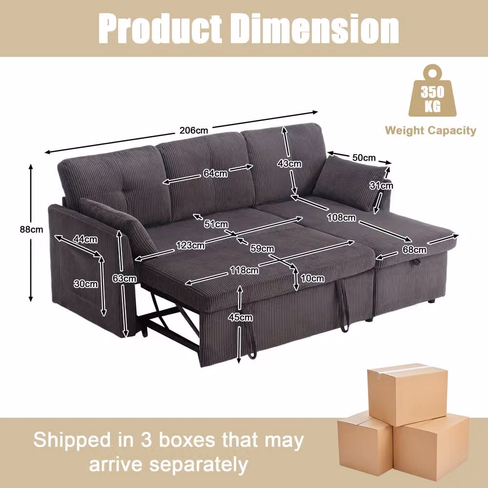 Direct Wicker Grey L-Shape 3-in-1 Convertible Sofa with Storage and Pull-Out Bed, W/D/H: 206 x 150 x 88 cm – 4
