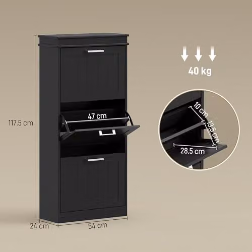 HOMCOM Slim Black Shoe Storage Cabinet with 3 Tilting Compartments and Internal Shelves, H 117.5 x W 54 x D 24 cm – 2