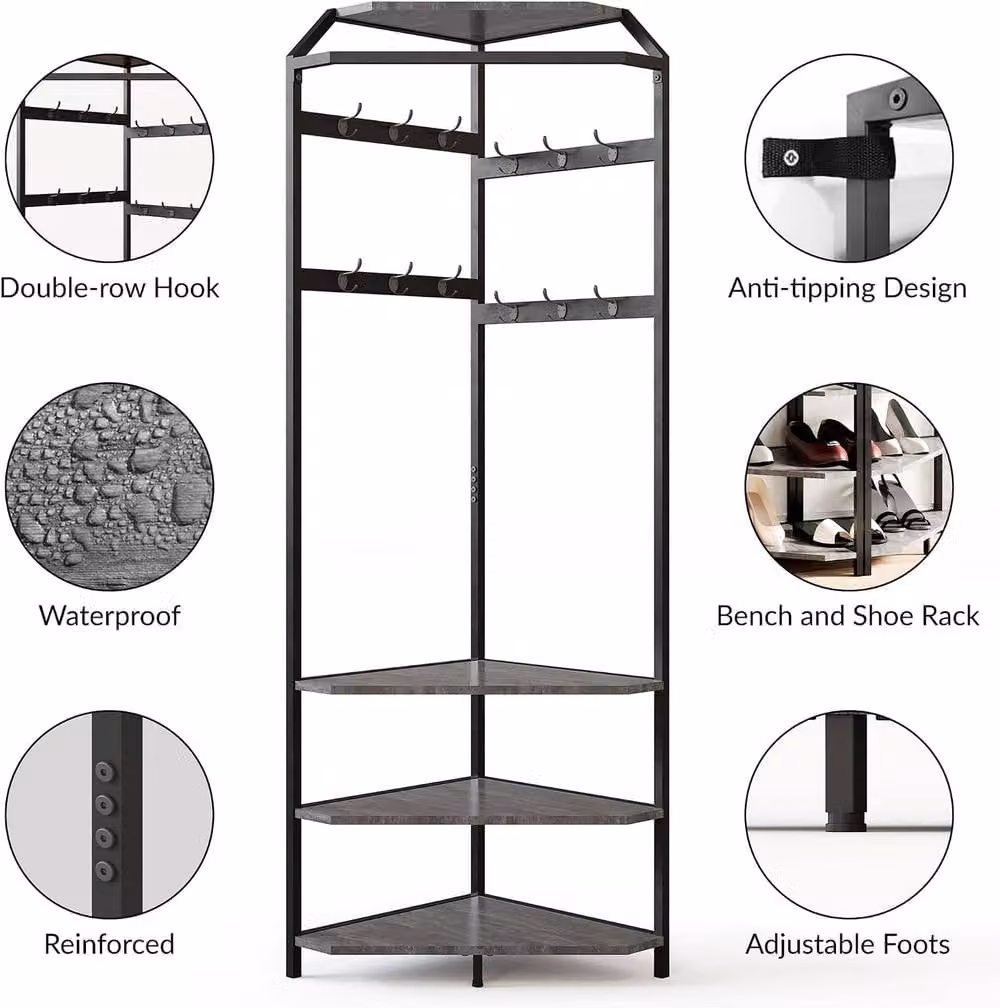 London Boutique Hall Tree Storage Bench and Coat Rack with Shelf and 6 Hooks in Grey – 3