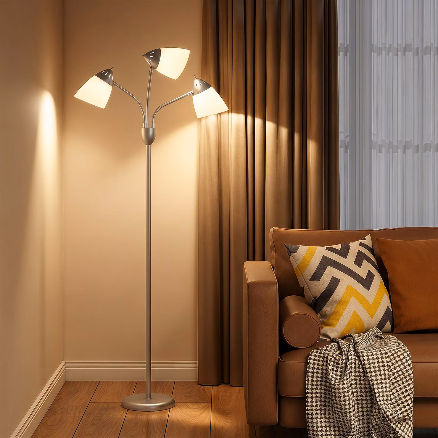 HOMCOM Industrial Arc Tree Floor Lamp with 3 Adjustable Rotating Lights in Silver Tone – 2