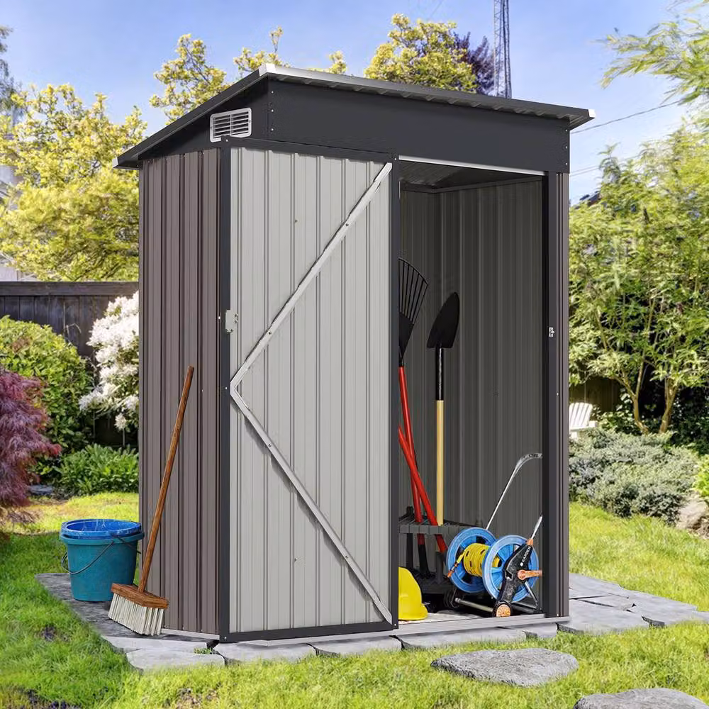 Costway Grey Pent All-Weather Metal Storage Shed with Sloping Design, W/D/H: 185 x 138 x 74 cm – 3