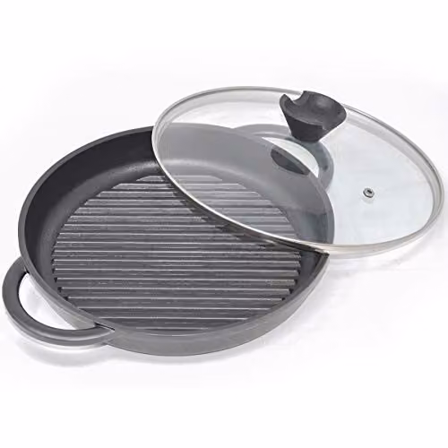 Joeji's Non-Stick Cast Aluminium Griddle Pan with Glass Lid, Black, Diameter: 27 cm – 2