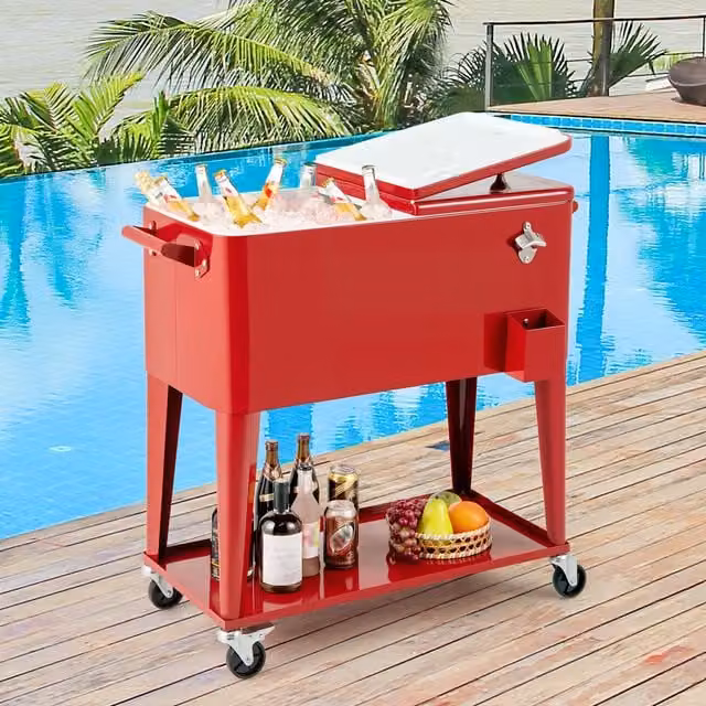 COSTWAY Portable Patio Rolling Ice Chest, Red, 75 L