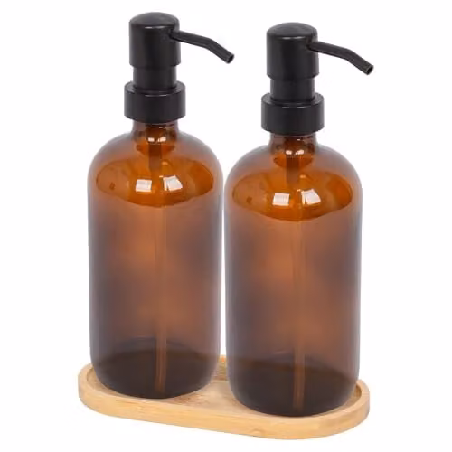 Harbour Housewares 2 Piece Amber Glass Soap Dispenser Set with Bamboo Tray, 500ml Refillable Bottles with Black Pumps