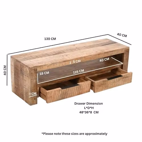 Adorable Lifestyle Surrey TV Stand with 2 Drawers in Brown Solid Mango Wood, W: 130 cm, D: 40 cm, H: 40 cm – 4