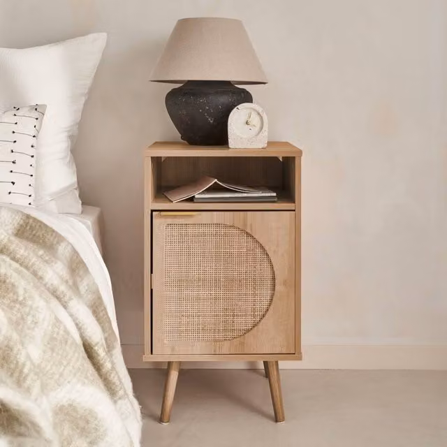 sweeek Wood and Rounded Cane Rattan Bedside Table in Light Brown
