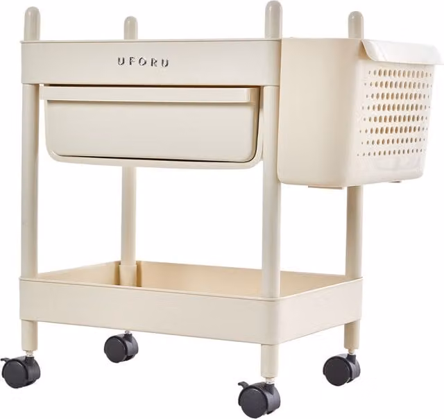 Livingandhome Multi-Tier Rolling Cart with Drawer in Beige/White, Height: 54 cm