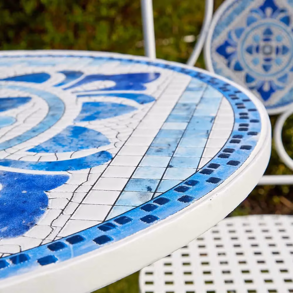 Home Source Mediterranean Blue and White Geometric Mosaic Bistro Set with Metal Table and Chairs – 7