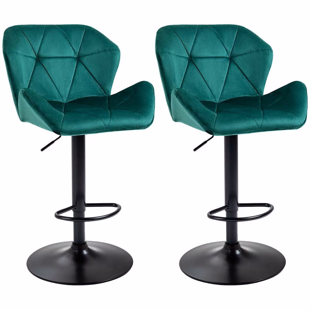 Wyld Haus Somaveno Set of 2 Green Velvet Adjustable Bar Stools with Metal Base, H 117 x W 57 x D 58 cm – 2
