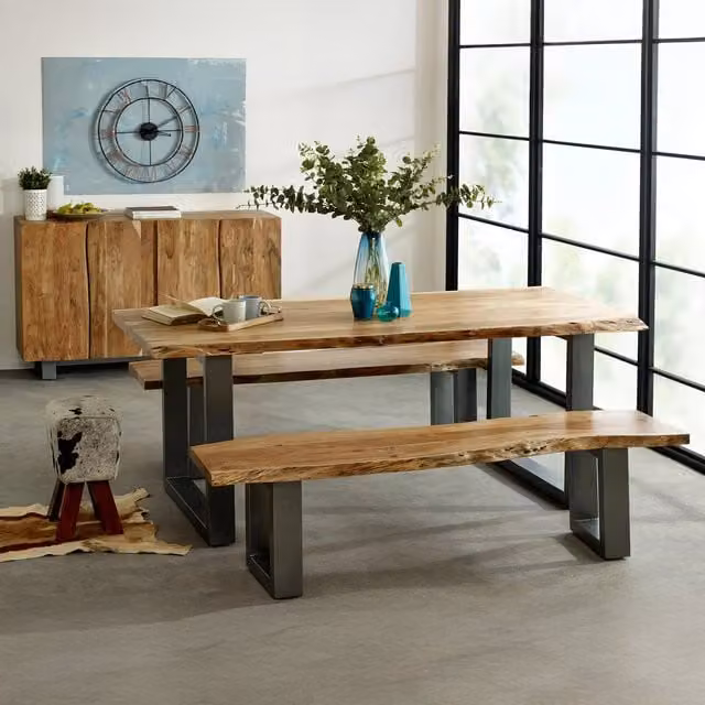 IH Design Modern Acacia Wood and Metal Dining Bench in Brown and Grey