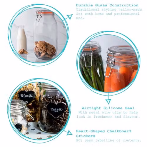 Argon Tableware Set of 6 Transparent Glass Storage Jars with Clip Lids and Labels, 2 L Each – 2