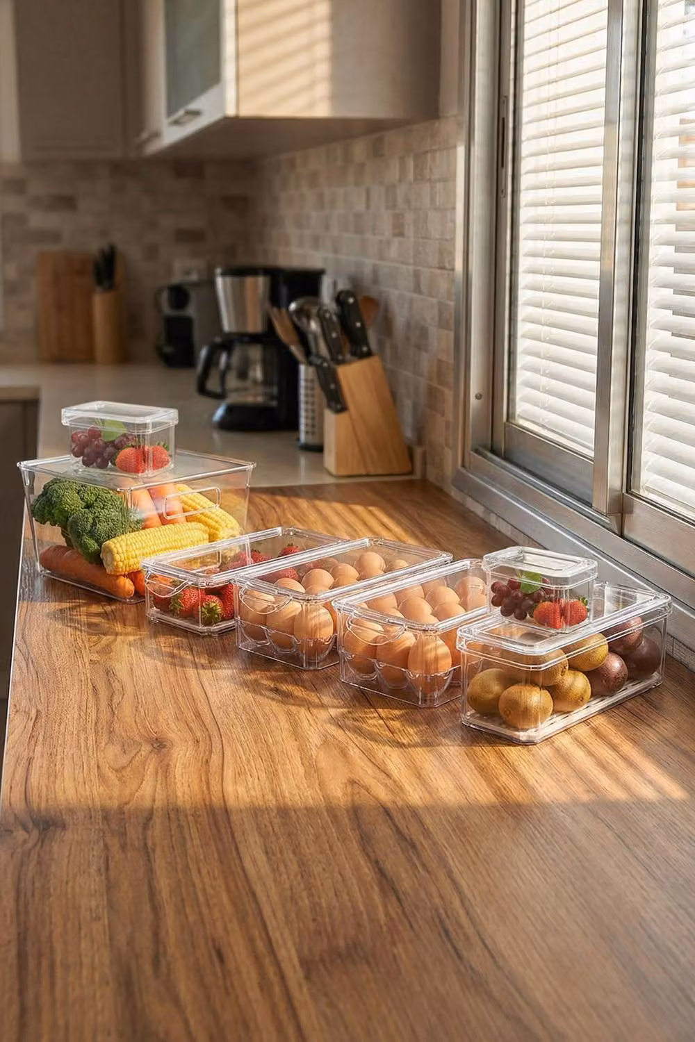 Living and Home Set of 7 Stackable Transparent Fridge Organiser Storage Boxes and Egg Basket Drawer – 2