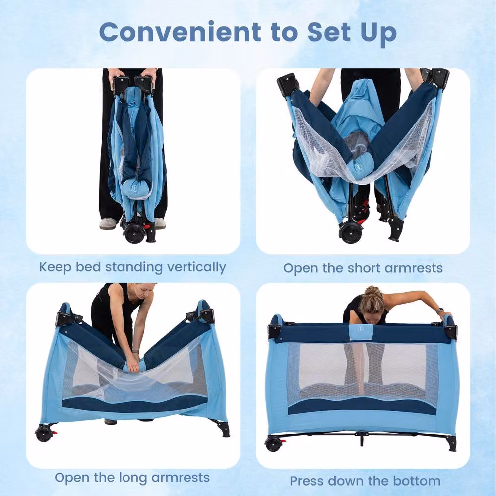 Gymax Folding Playpen in Blue with Diaper Changing Table, 2 Lockable Wheels and 3 Hanging Toys – 8