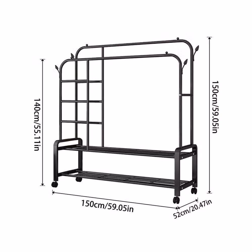 FLAVORA Black Metal Rolling Clothes Rail Garment Rack, H 150 cm x W 50 cm x D 50 cm – 2