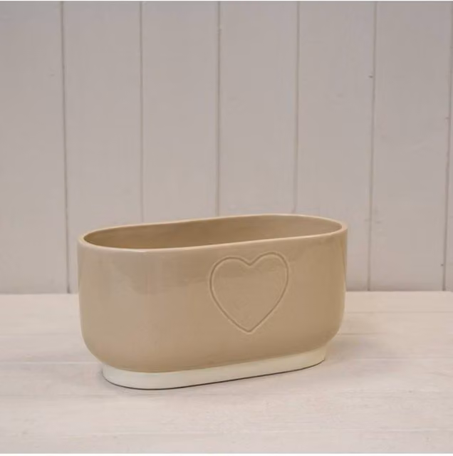 KDMD Cream Debossed Heart Ceramic Tabletop Trough in White and Beige