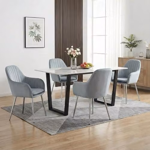 Alivio Set of 2 Grey Velvet Upholstered Dining Armchairs with Removable Seat Cushions and Metal Legs – 1
