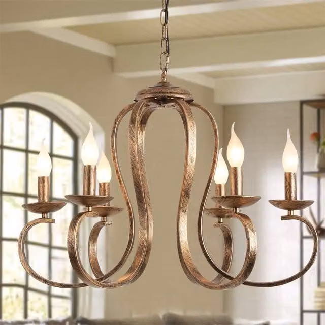 Garwarm 6-Light Retro Iron Pendant Chandelier in Bronze and Gold with Adjustable Height – 1